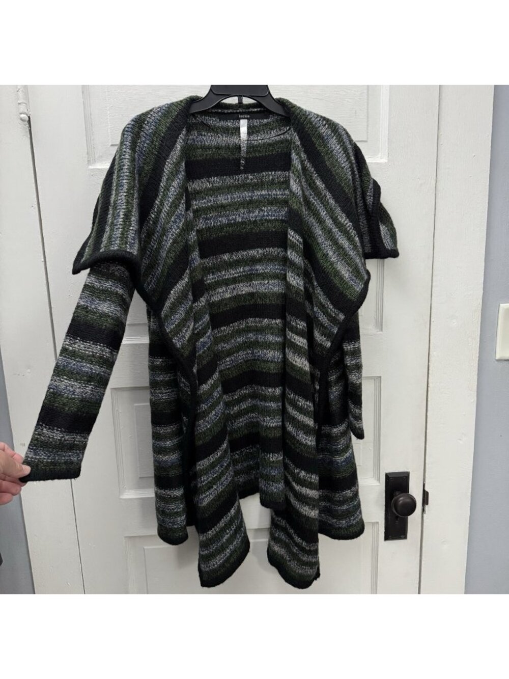 Kensie Waterfall Open Front Cardigan Shawl Collar Striped Knit M/L Green